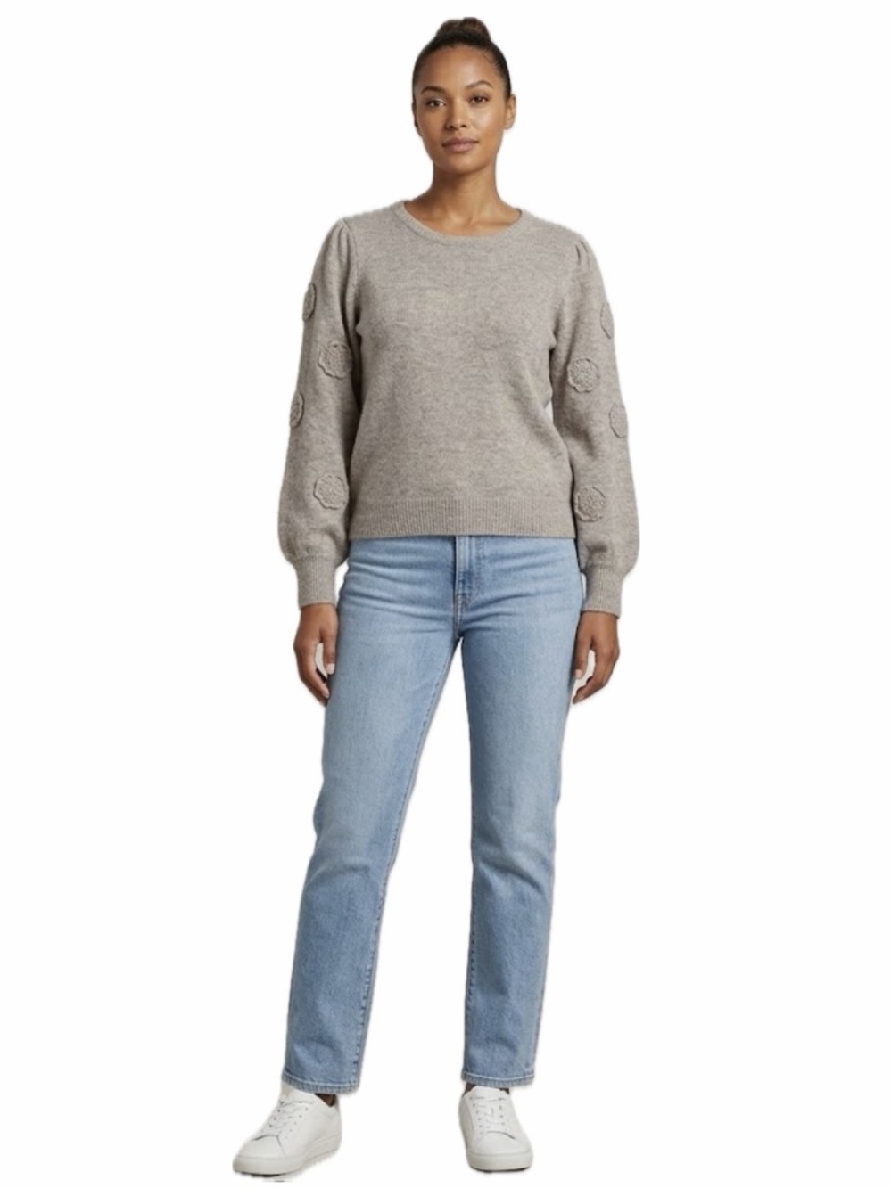 ADRIENNE VITTASIDI WOMEN PXL SWEATER 3D CROCHET FLOWER SLEEVE DESIGN NWT